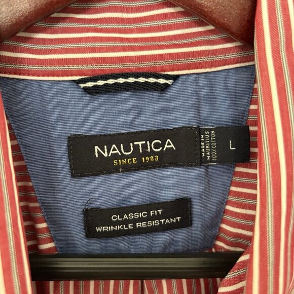 NAUTICA Button Down Shirt Large Classic Fit Red Pin Stripe Long Sleeve Collared - Picture 3 of 6